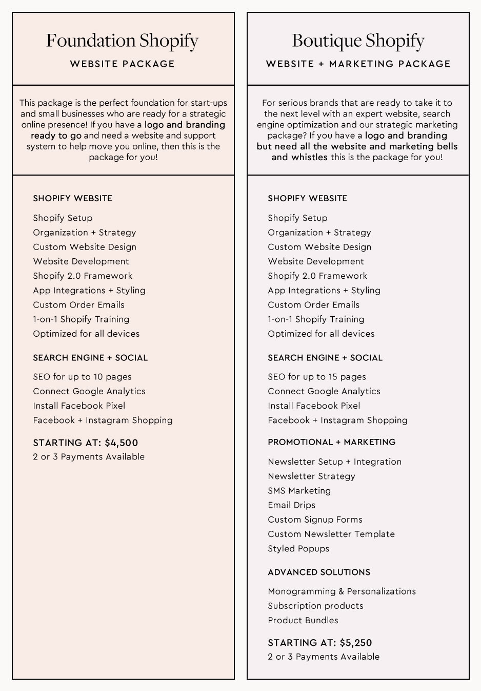 Shopify web design packages for Designing Fresh. If you are vision impaired, contact us and we'll help you!