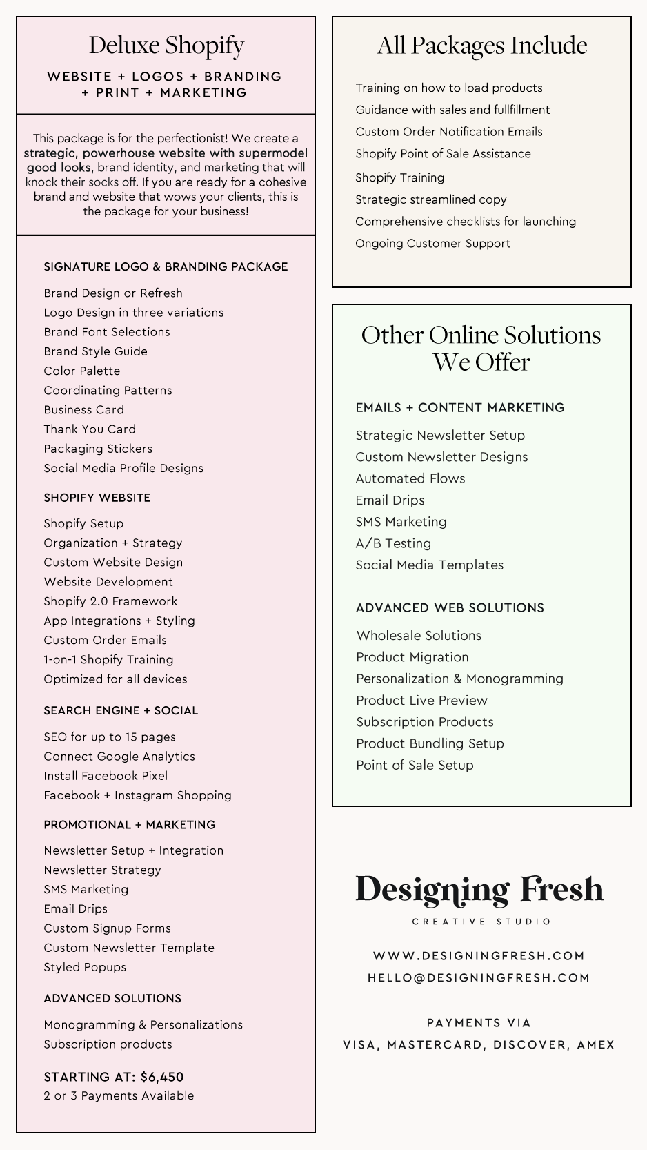 Shopify web design packages for Designing Fresh. If you are vision impaired, contact us and we'll help you!