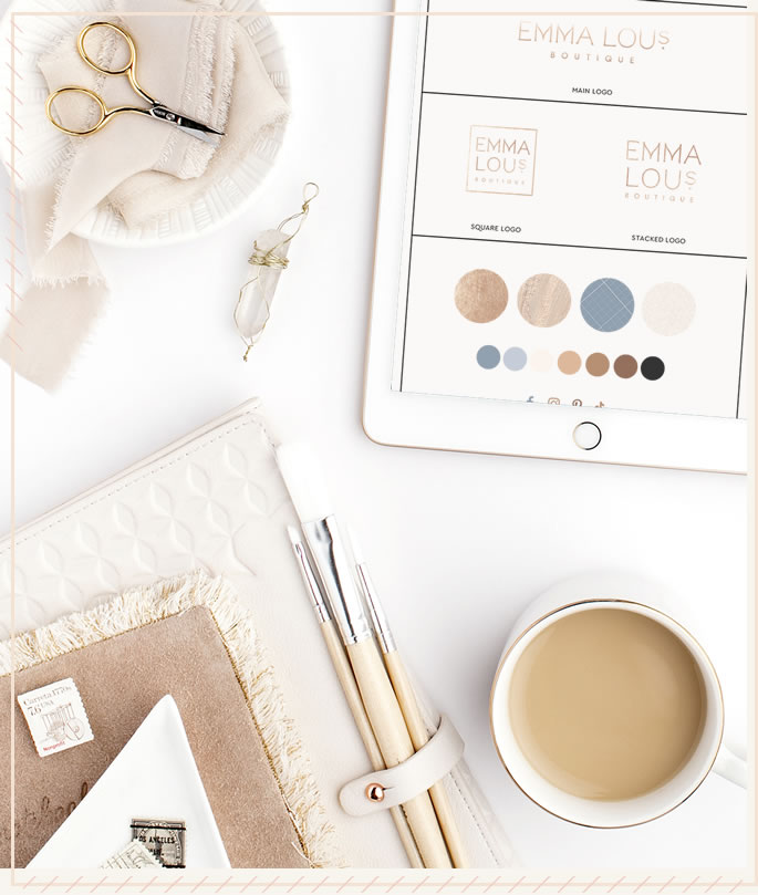 Ipad with classic branding and logo design in neutral tones for Emma Lou's Boutique.